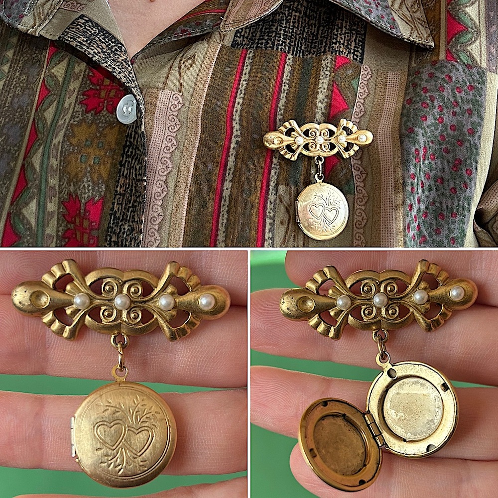 Vintage locket brooch with hearts